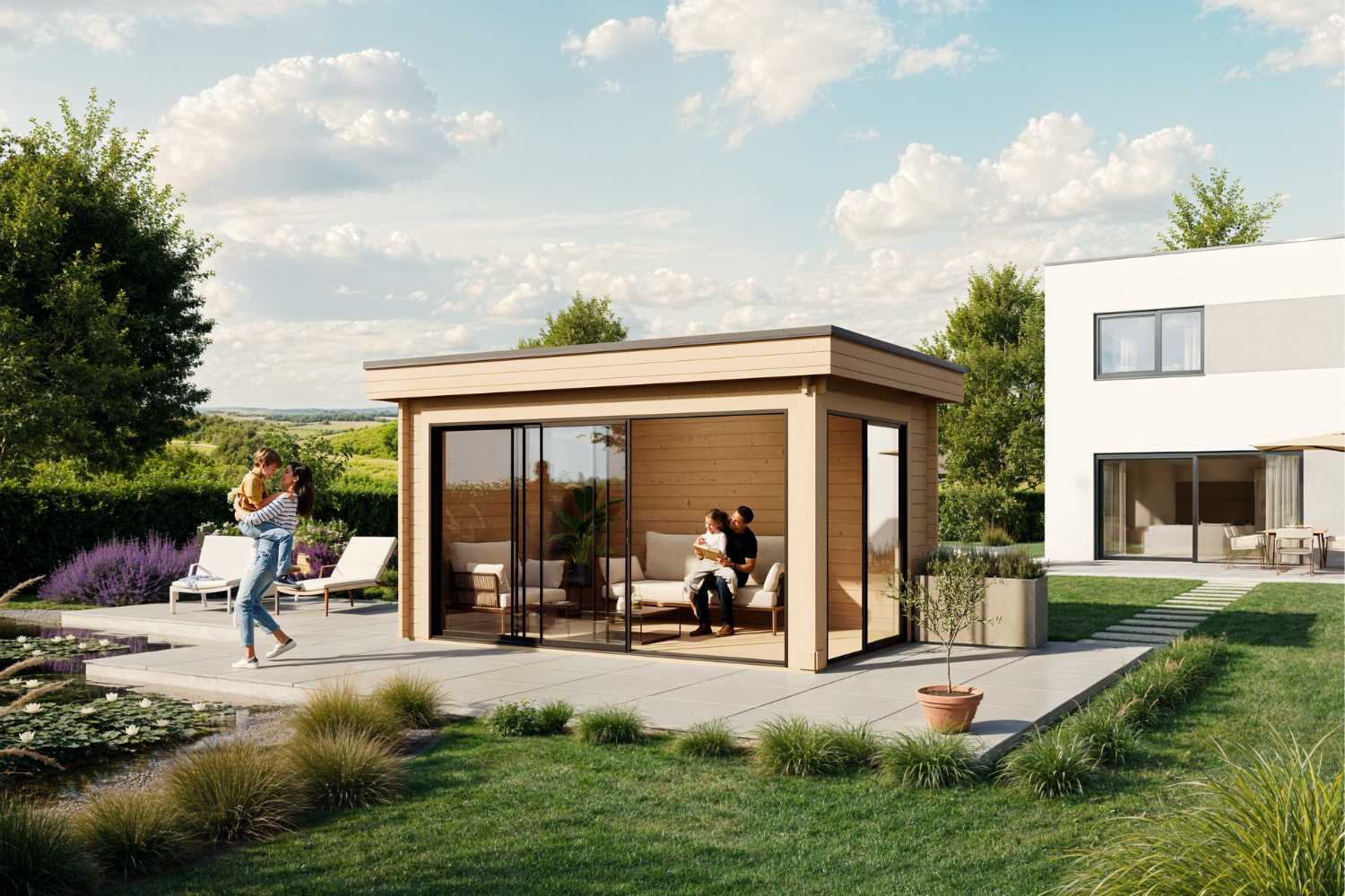 Designlounge 44 D, modernes Gartenhaus, glückliche Familie spielt vor dem Gartenhaus am Pool