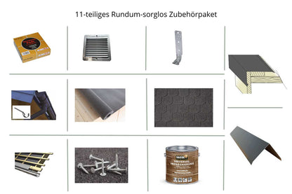 Zubehörpaket mit Gummigranulat-Pads, Sturmwinkel, Lüftungsgitter, Dachrinne, Bitumenbahnen und Imprägnierung für Gartenhaus