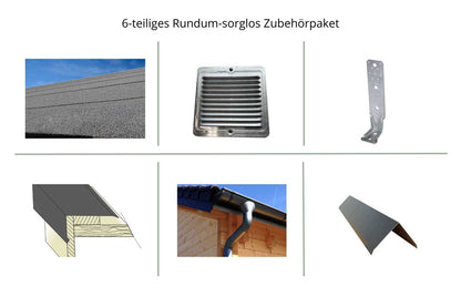 Zubehörpaket mit Sturmwinkel, Lüftungsgitter, Dachrinne, Bitumenbahnen und Imprägnierung für Gartenhaus