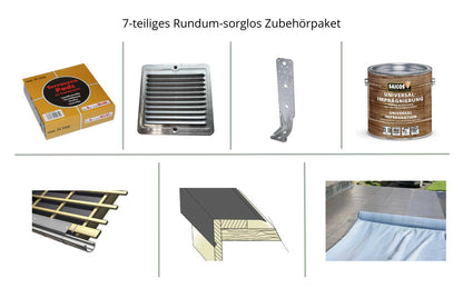 Zubehörpaket mit Gummigranulat-Pads, Sturmwinkel, Lüftungsgitter, Dachrinne, Rinneneinhangblech und Imprägnierung für Gartenhaus